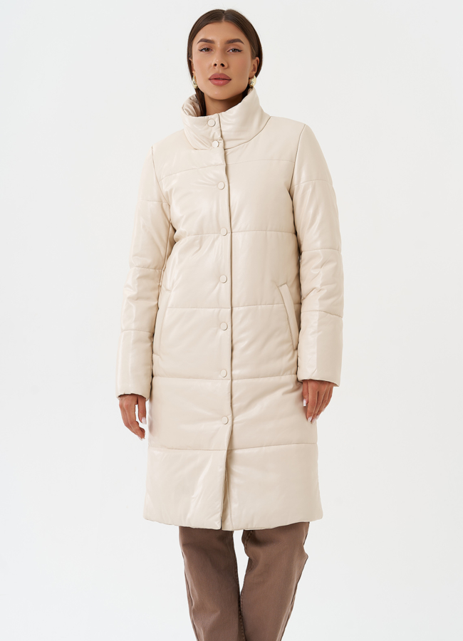 Пуховик из эко кожи на био пухе модель № 27704 меха малина