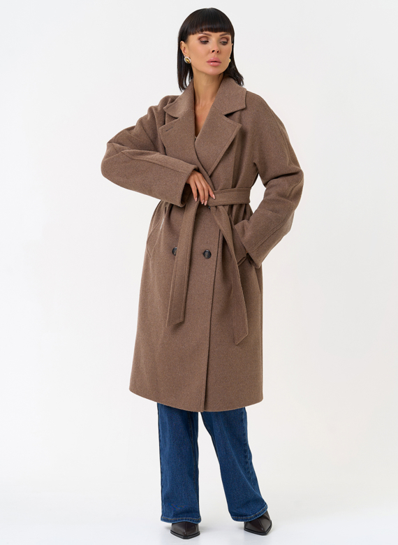 Женское двубортное пальто с поясом 