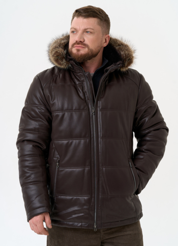 Пуховик из эко кожи с капюшоном из меха енота