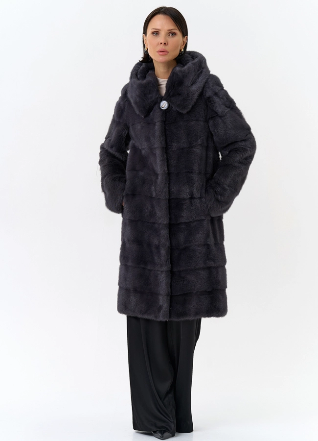 Норковая шуба в цвете графит с капюшоном  модель № 24954 меха малина