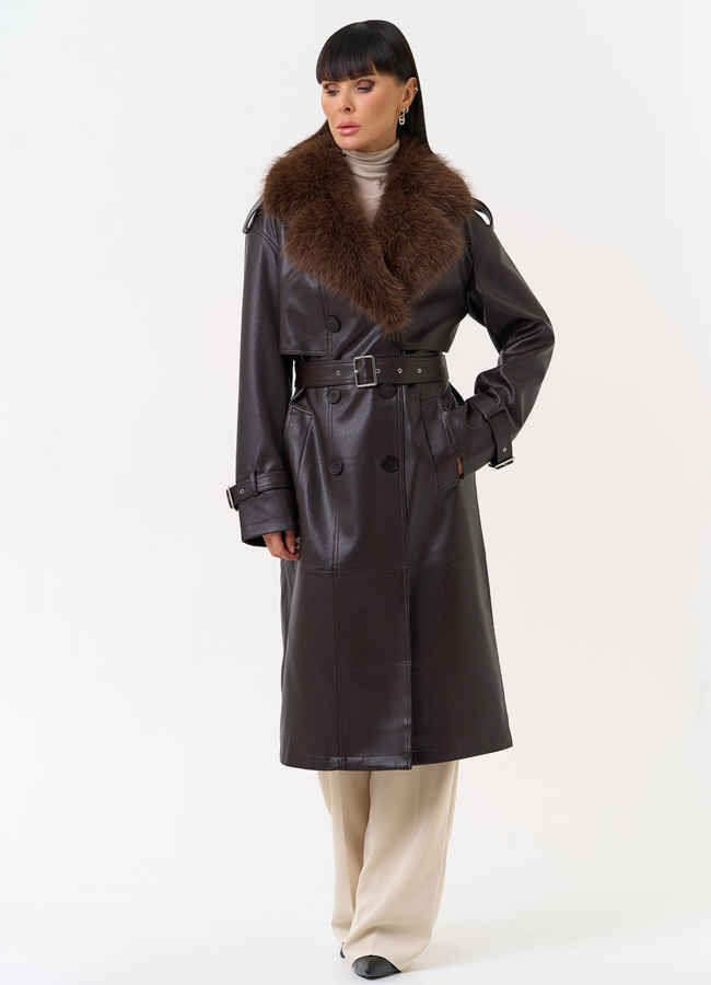 фото Женское утепленное пальто из экокожи с воротником из эко меха модель № 30704