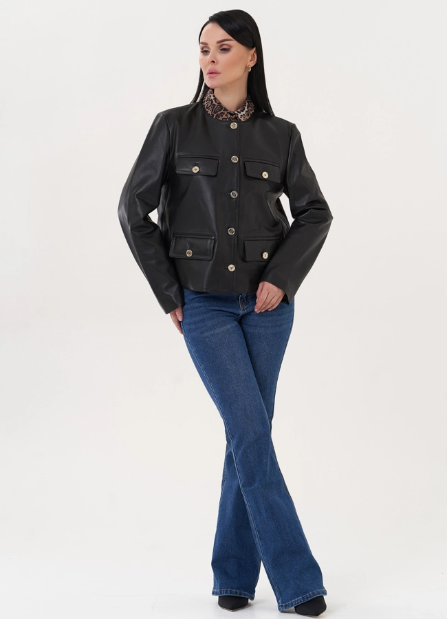фото Жакет из натуральной кожи с акцентными пуговицами модель № 500120
