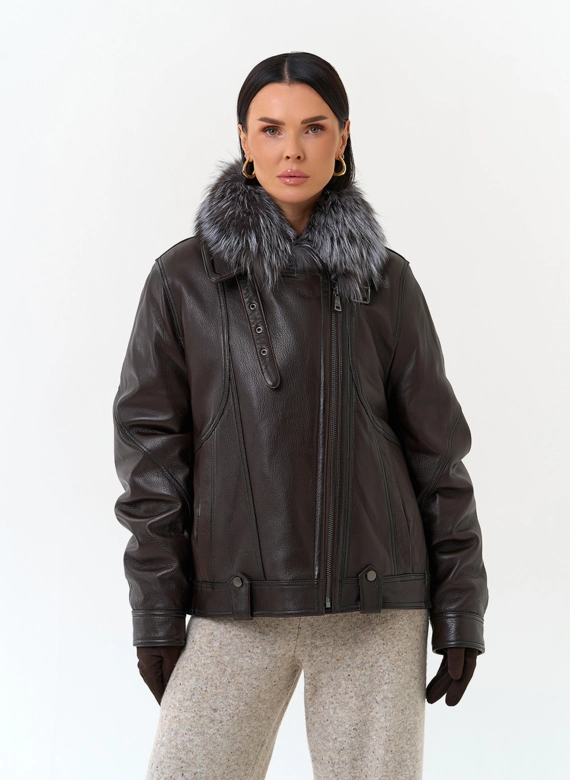 Женский пуховик из натуральной кожи с чернобуркой фото