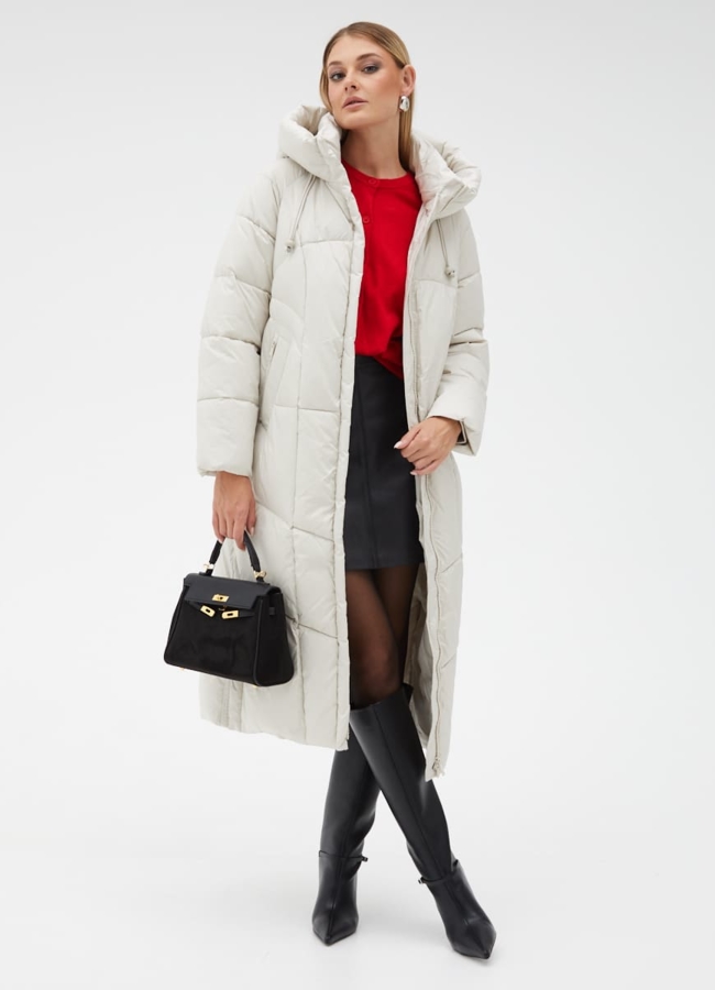 Женский светлый пуховик с капюшоном и поясом модель № 31124 универмаг малина