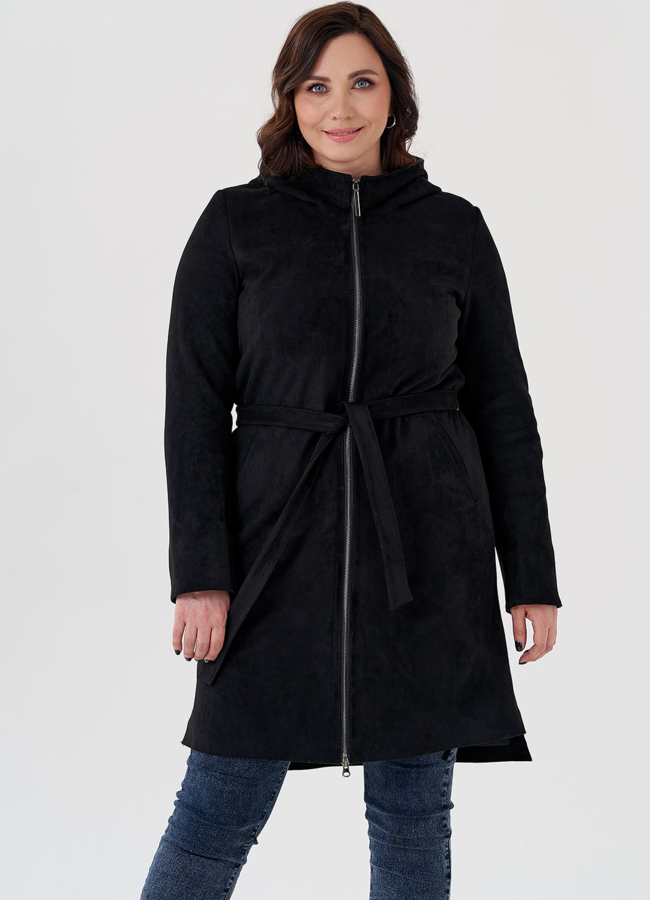 Полупальто из эко замши на утеплителе с капюшоном модель № 80236 меха малина