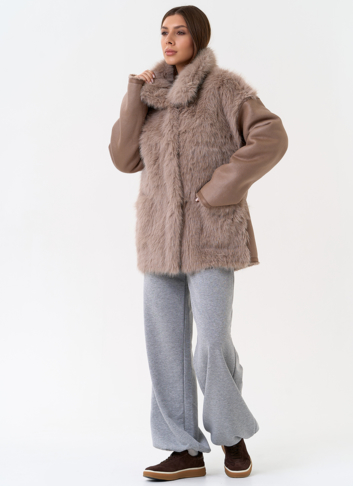 Женская дубленка из эко замши с отделкой из эко меха