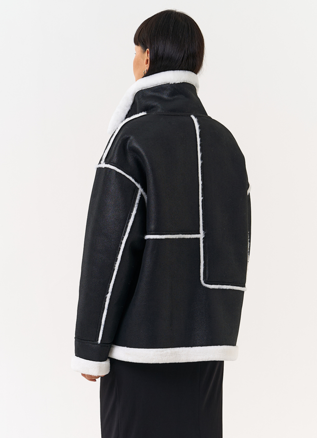 фото Женская дубленка из эко замши с воротником стойкой модель № 31510