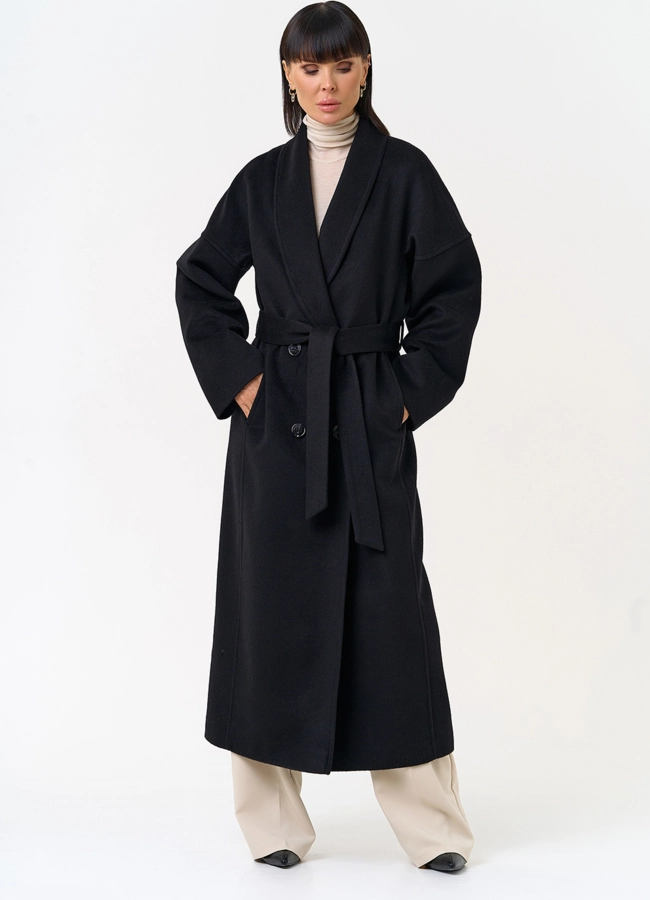 Женское пальто с воротником шаль модель № 31690 меха малина