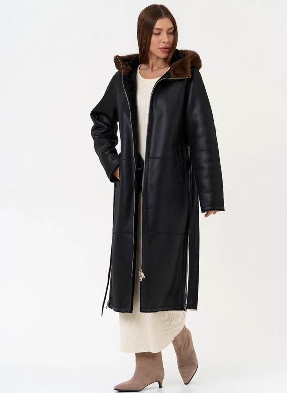 Женская дубленка из эко замши с поясом