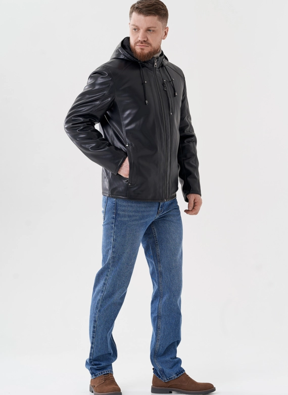 Мужская куртка из эко кожи с капюшоном 