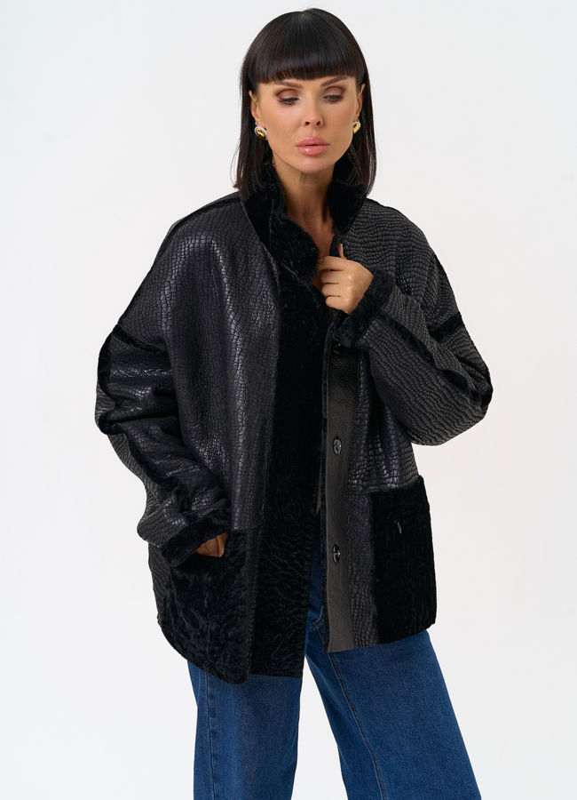 Женская двухсторонняя дубленка с воротником стойкой модель № 31480 универмаг малина