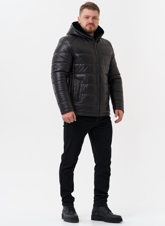 Пуховик из натуральной кожи с отделкой из мутона