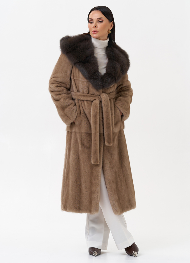 Длинная шуба из норки с куницей модель № 29531 универмаг малина