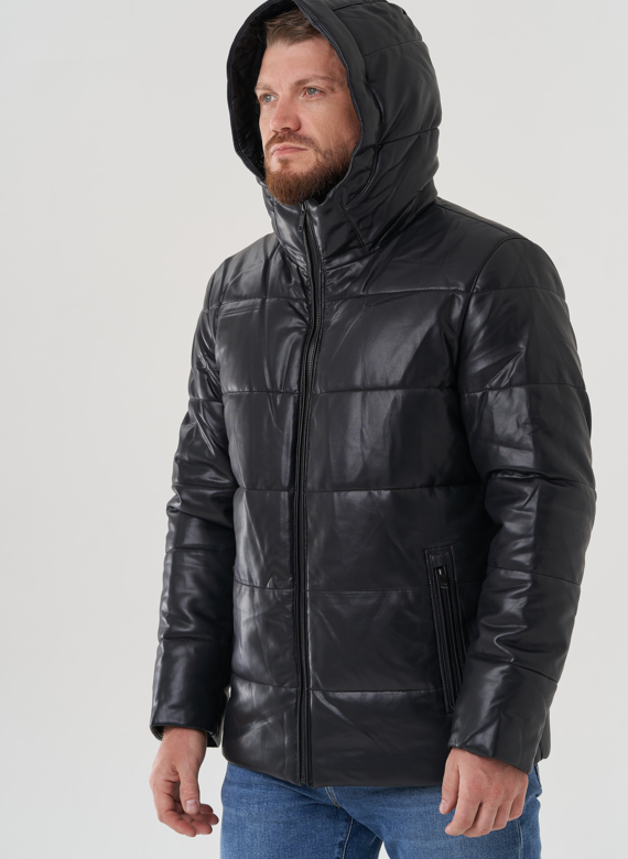 Пуховик мужской из эко кожи с капюшоном 