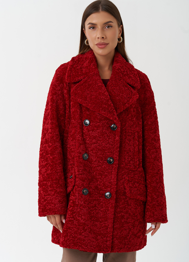 фото Яркое двубортное пальто с английским воротником модель № 28312