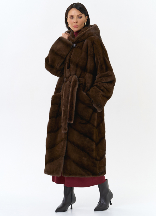 Шуба из меха норки с капюшоном модель № 31985 меха малина