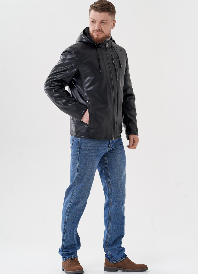 Мужская куртка из эко кожи с капюшоном  модель № 24463 в рассрочку