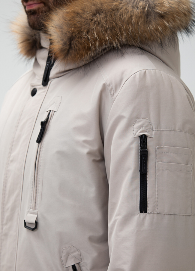 Мужской пуховик с капюшоном из меха енота модель № 27999 универмаг малина